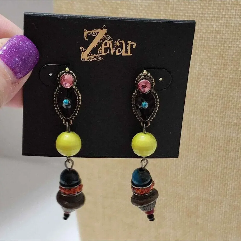 Treska Zevar Beaded Drop Earrings Multi Color Boho Statement Rhinestone Dangle